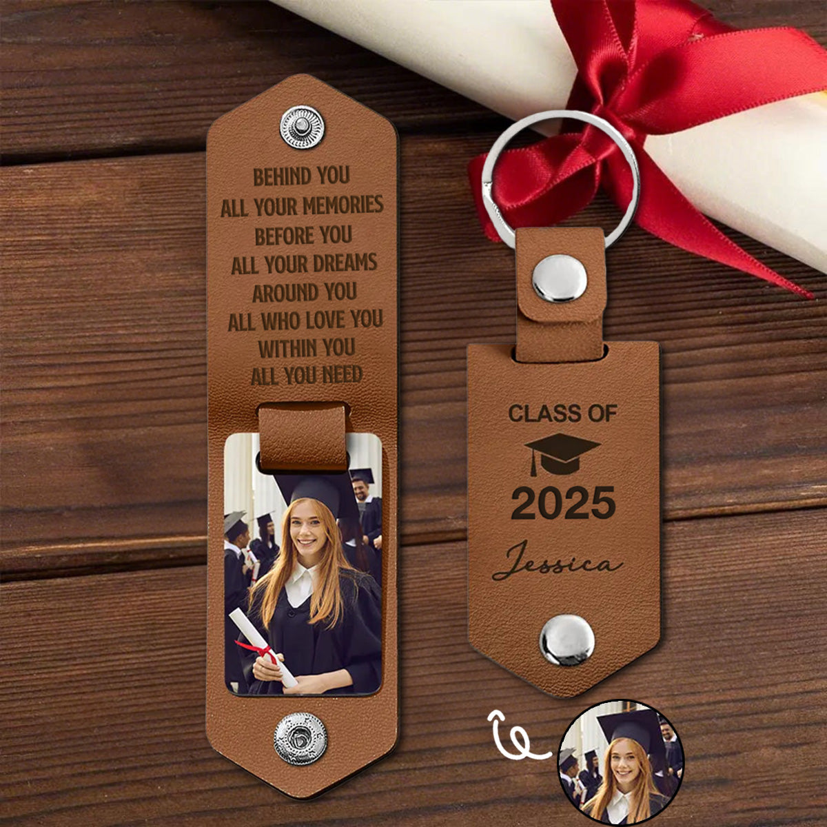 Let The Journey Begin Graduation Gift - Personalized Leather Photo Keychain