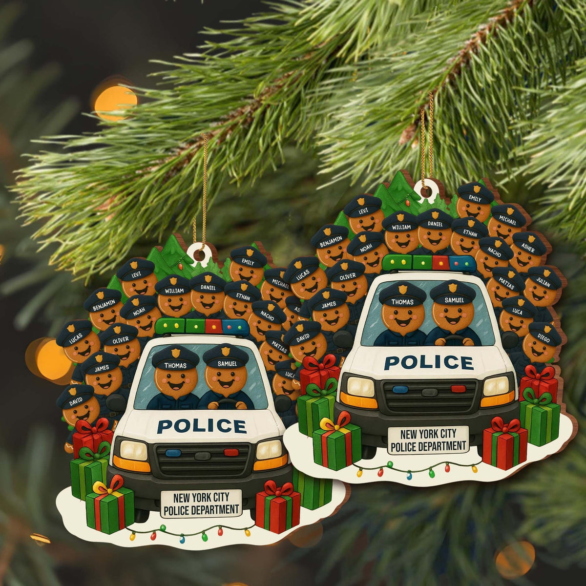 A Festive Police Car, Personalized Wood Ornament, Gift For Police Officers