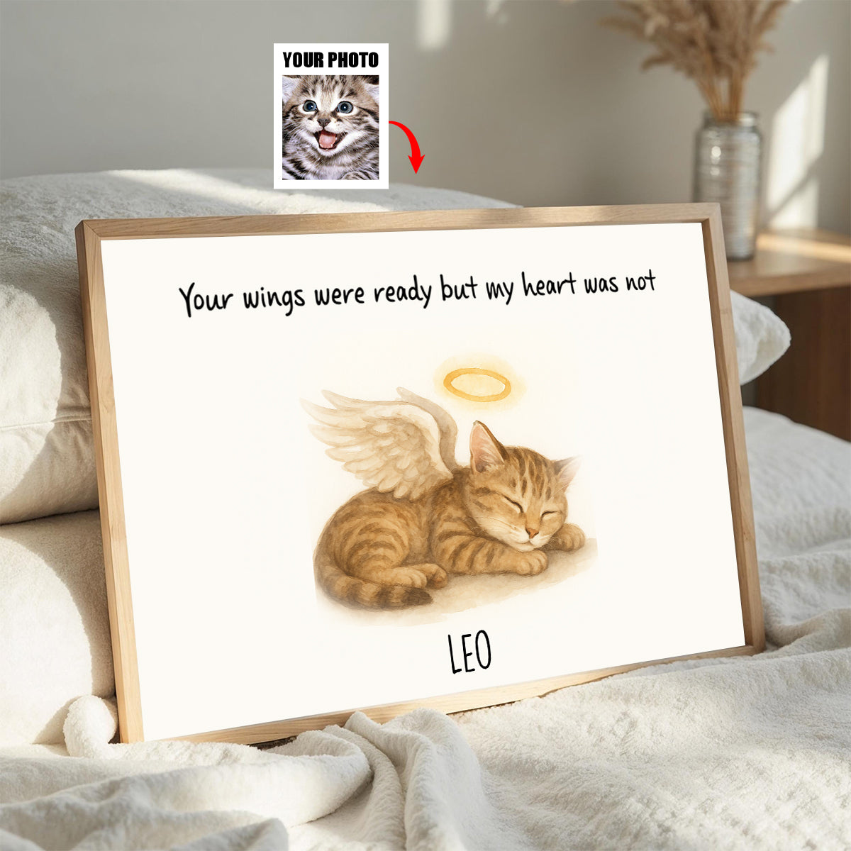 Custom Memorial Pet Angel Wings Drawing, Photo Personalized Poster, Sympathy Gift for Dog Cat Lovers