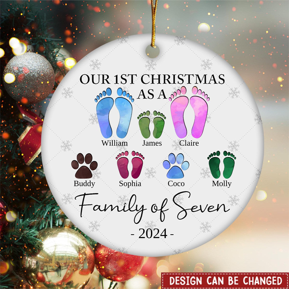 First Christmas As A Family Of Four Footprints - Personalized Ceramic Ornament