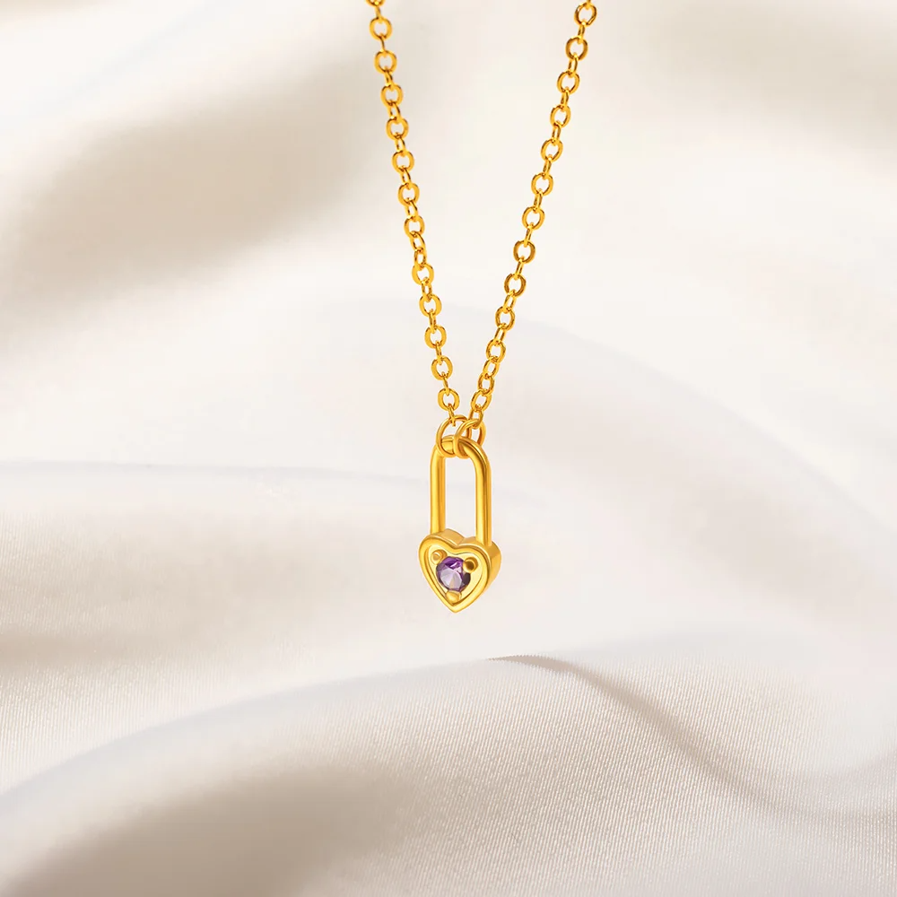 Personalized Tiny Heart Padlock Necklace with Birthstone Dainty Jewelry