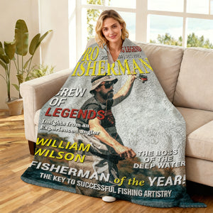 Custom Photo Hooked On Greatness Fishing Magazine Cover Blanket, Personalized Fishing Gifts for Men, Funny Gift for Fisherman