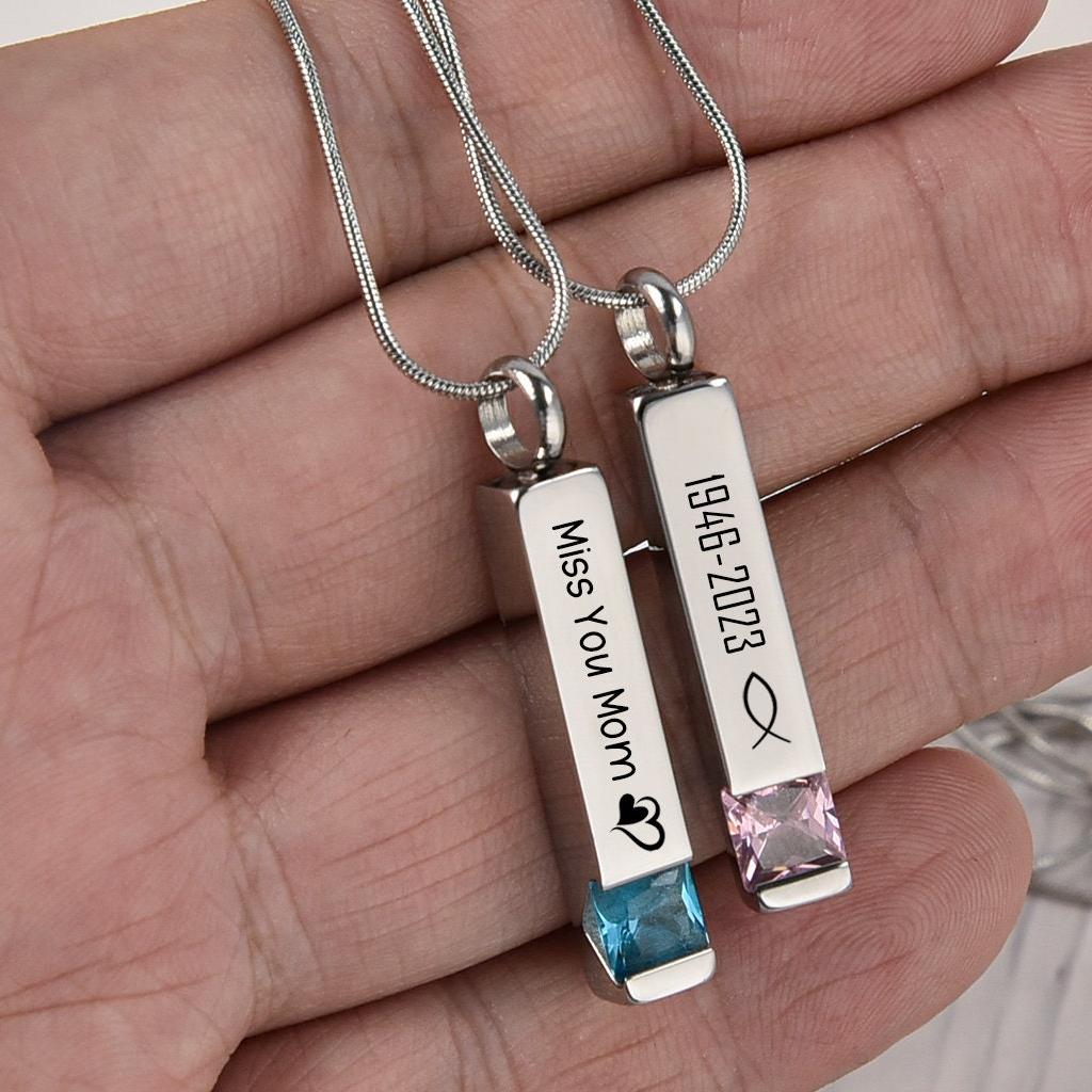 Personalized Birthstone Memorial Urn Necklace Two Sides Text