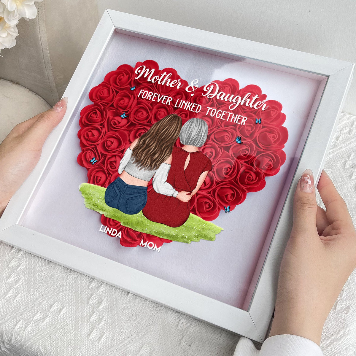 Forever Linked Together - Personalized Flower Shadow Box Gift For Mother & Daughter