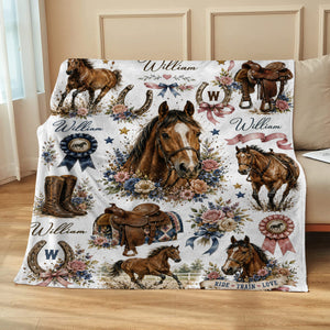 Personalized Horse Blanket, Custom Name Equestrian Blanket, Floral Horse Blanket for Girls Kids, Western Cowgirl Throw, Horse Lover Gift