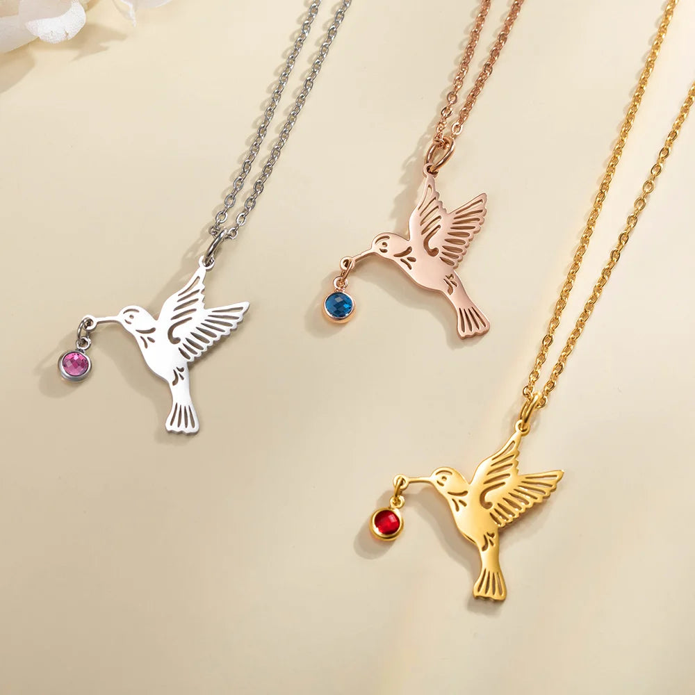 Personalized Dainty Hummingbird Necklace with Birthstone Bird Jewelry Mother's Day Gift for Women