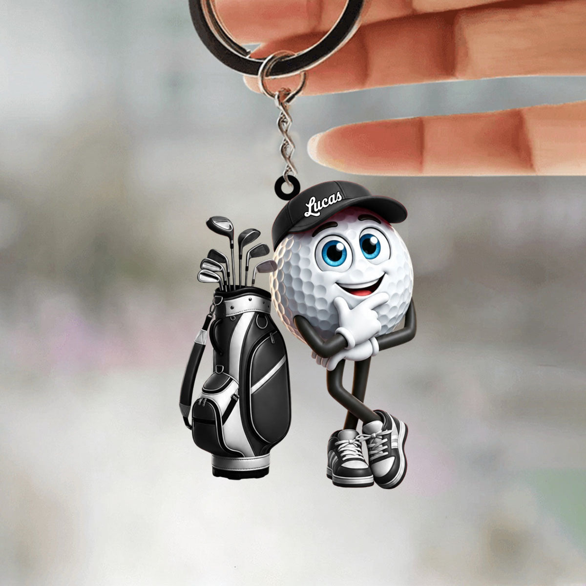 Thinking Pose Golf Buddy Keychain - Personalized Cute Golf Ball Mascot Keychain