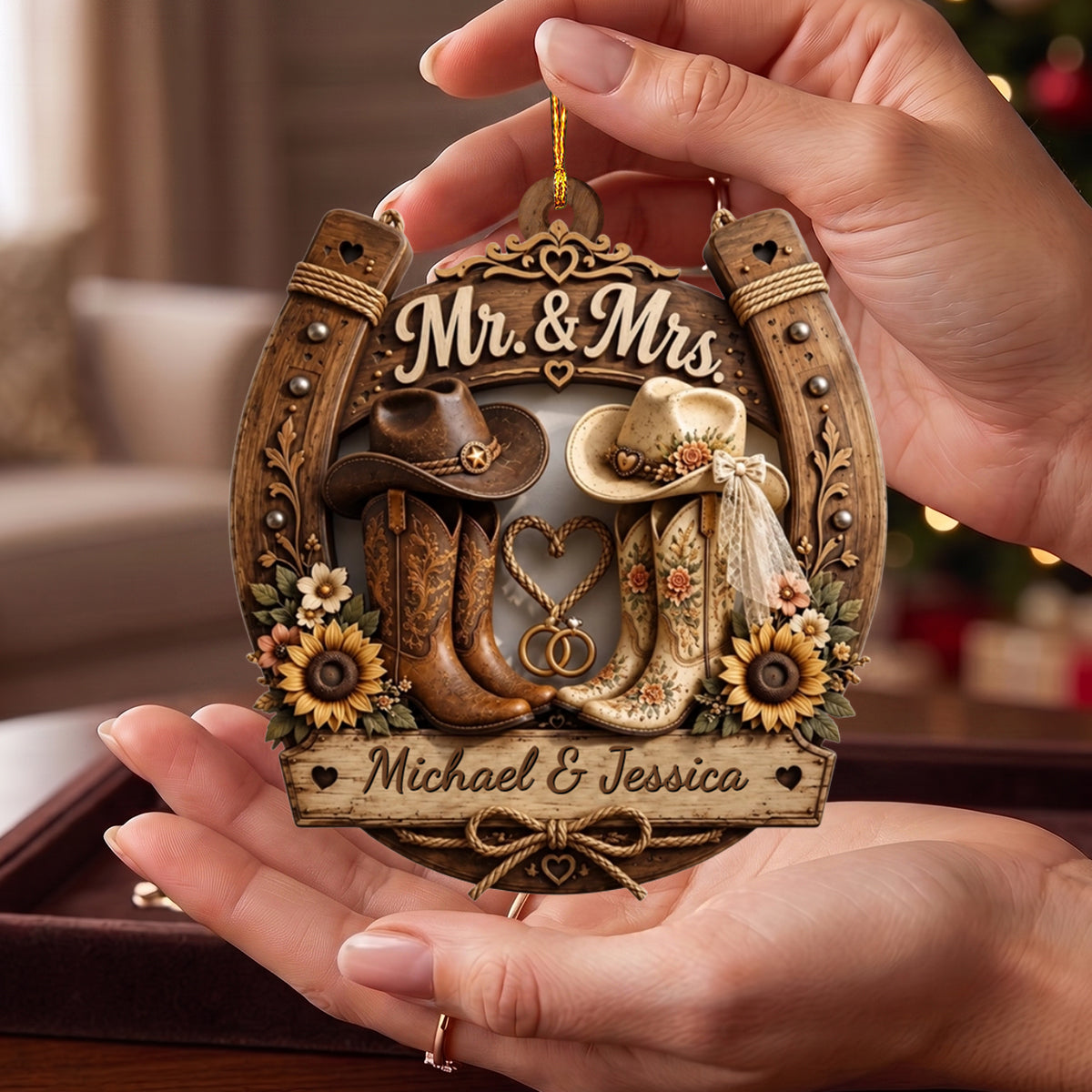 Mr. & Mrs. Personalized Wooden Ornament, Custom Gift For Couples and Cowboys