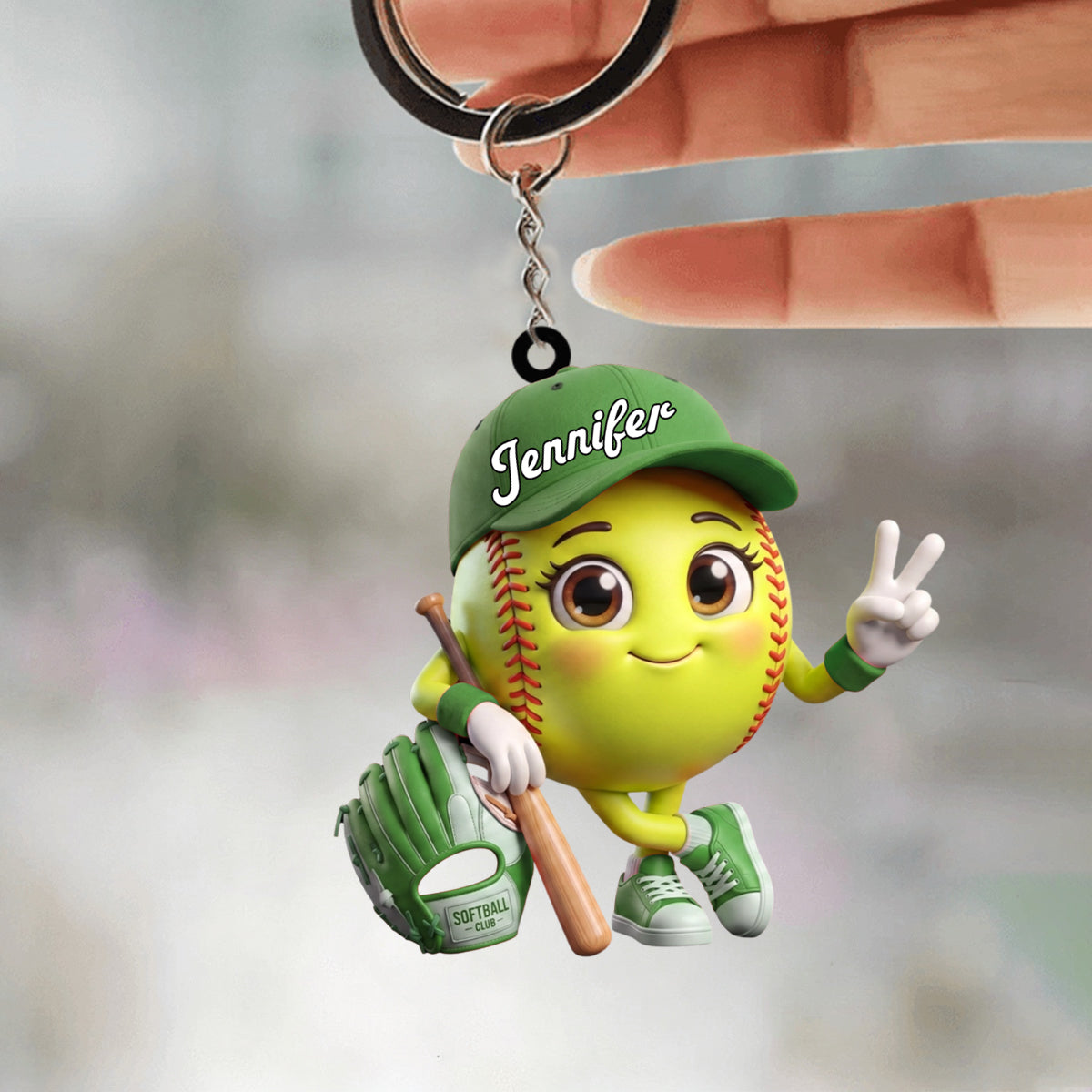 Cute Baseball Softball Player Mascot - Personalized Baseball Softball Ball Keychain
