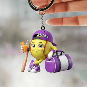 Baseball Softball , Bat And Cold Brews Keychain - Personalized Cool Baseball Softball Ball Mascot Keychain