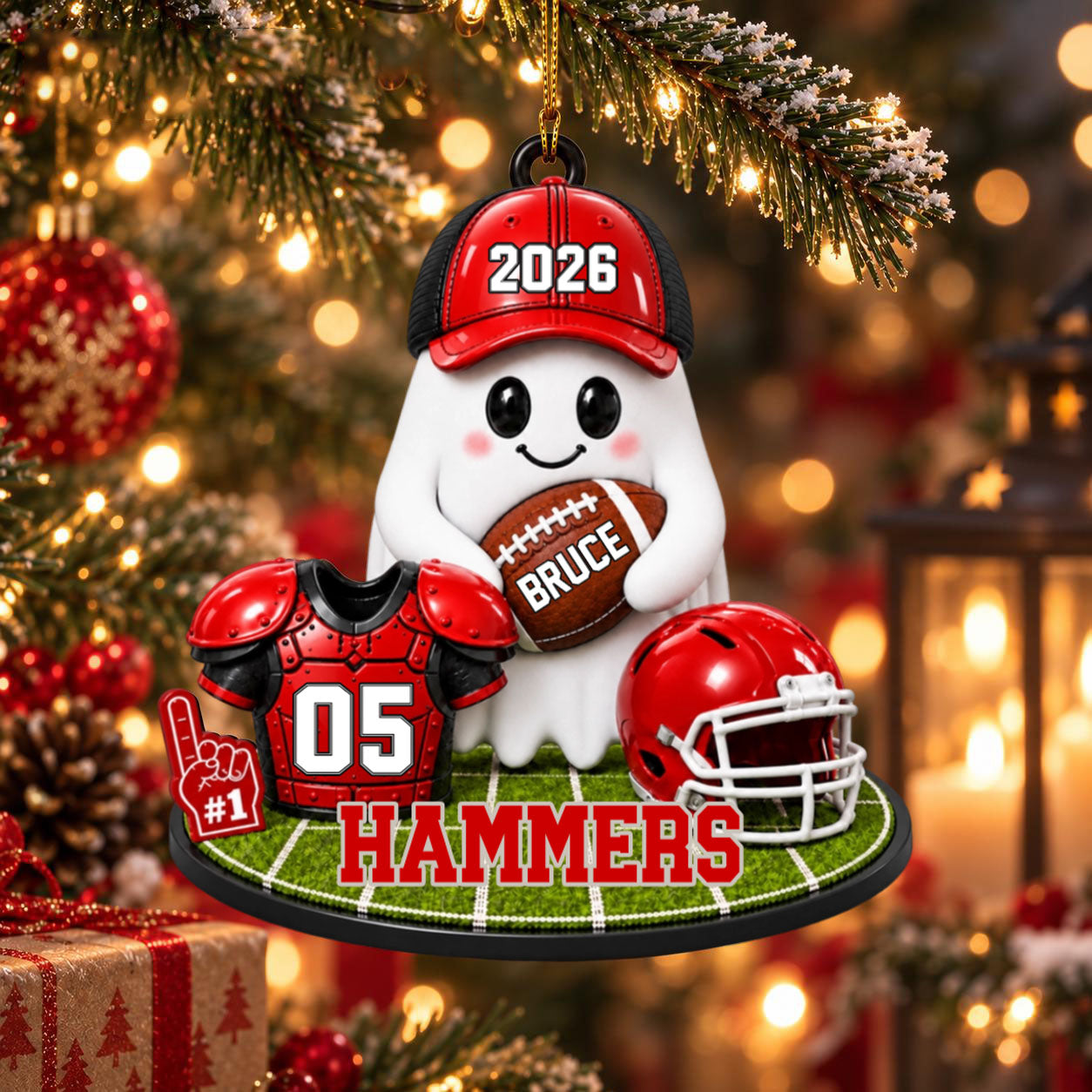 Personalized Football Ghost Christmas Ornament 2026 – Custom Name & Team Keepsake | Gift For Football Players & Fans