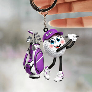 Golf Follow-Through Swing Cartoon Golfer - Personalized Golf Ball Mascot Keychain Gift for Male & Female Golfer