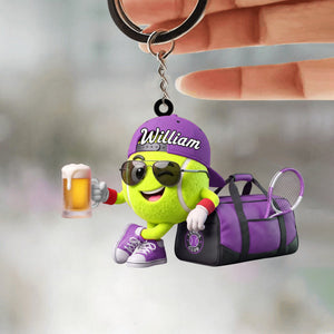 Cheers With Beer Tennis Keychain Personalized Cool Tennis Ball Mascot Keychain