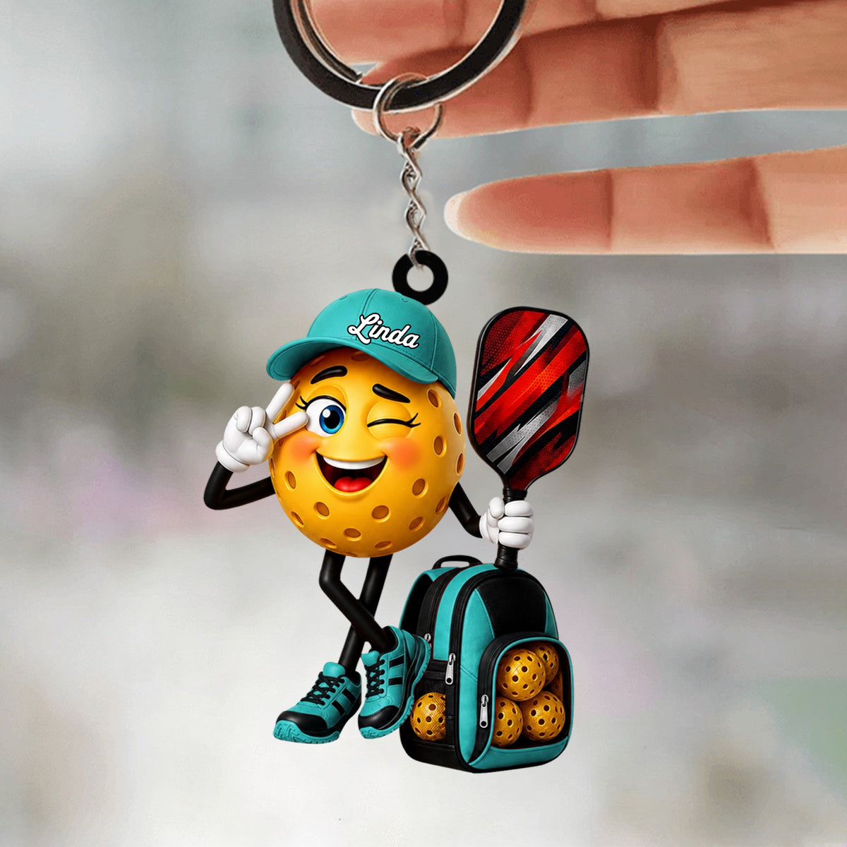 Winking Pickleball Mascot Peace Sign Keychain - Personalized Gift for Male & Female Player