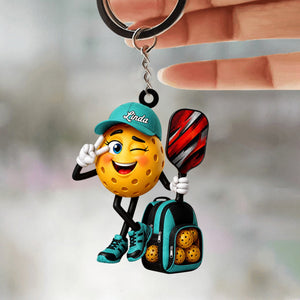 Winking Pickleball Mascot Peace Sign Keychain - Personalized Gift for Male & Female Player