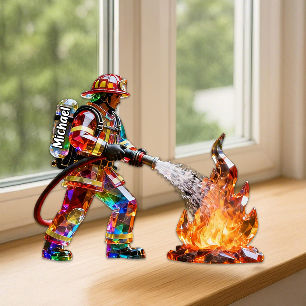 Firefighter Figurine Stained Glass Crystal Effect Personalized Acrylic Plaque, Firefighter Gift