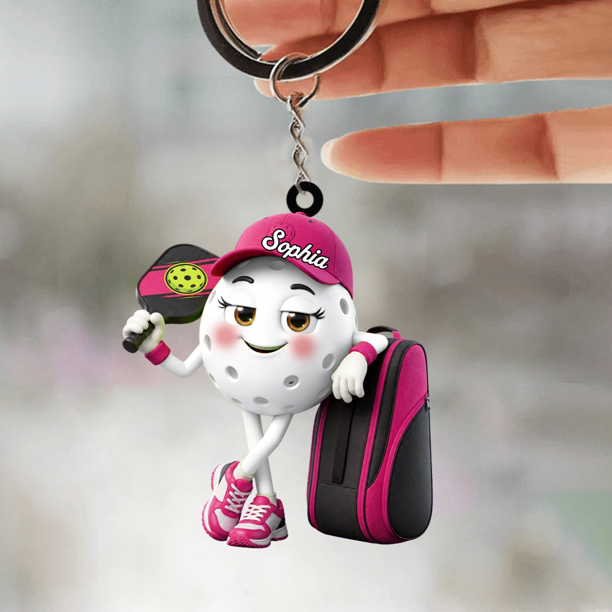 Pickleball Mascot Holding Paddle & Sports Bag Keychain  - Personalized Gift for Pickleball Enthusiasts