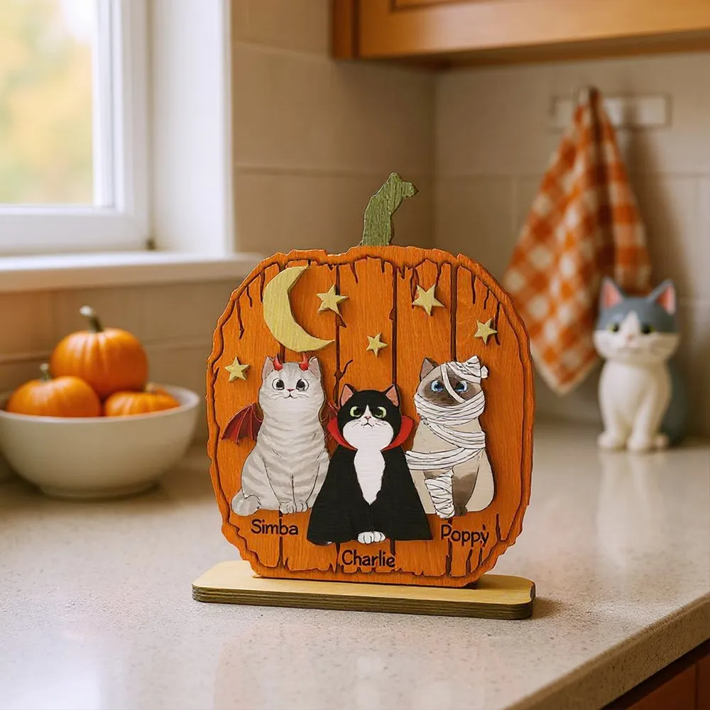 Halloween Cat Pumpkin Personalized 2-Layered Standing Wooden Plaque Gift For Cat Lover