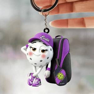Cute Pickleball Girl Mascot With Sports Bag Keychain - Personalized Gift for Pickleball Lover