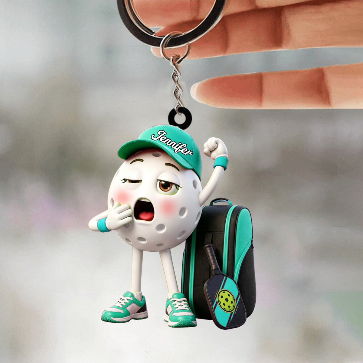 Yawning Pickleball Mascot With Sports Bag Keychain - Personalized Gift for Male & Female Player