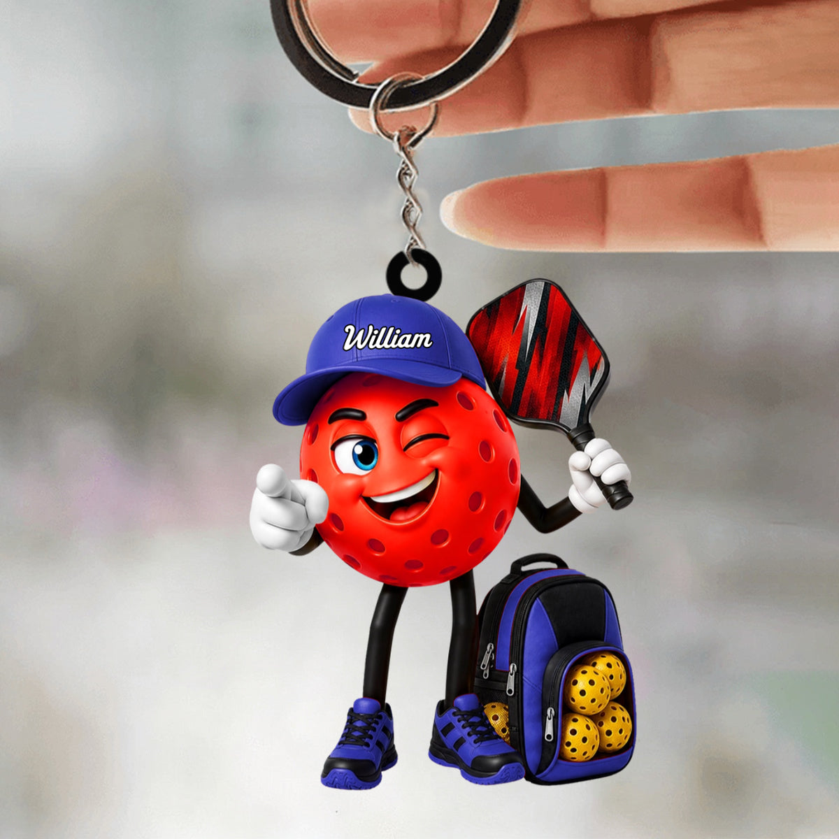 Pointing Pickleball Mascot With Sports Bag Keychain - Personalized Gift for Male & Female Player
