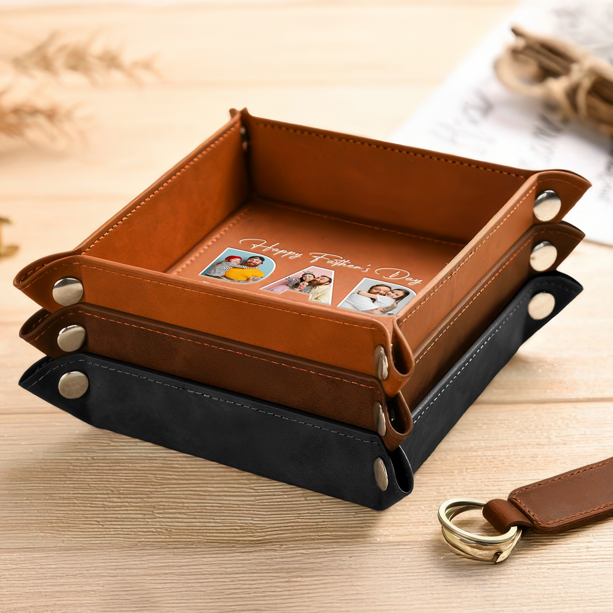Custom Photo Happy Father's Day Family Personalized Leather Valet Tray