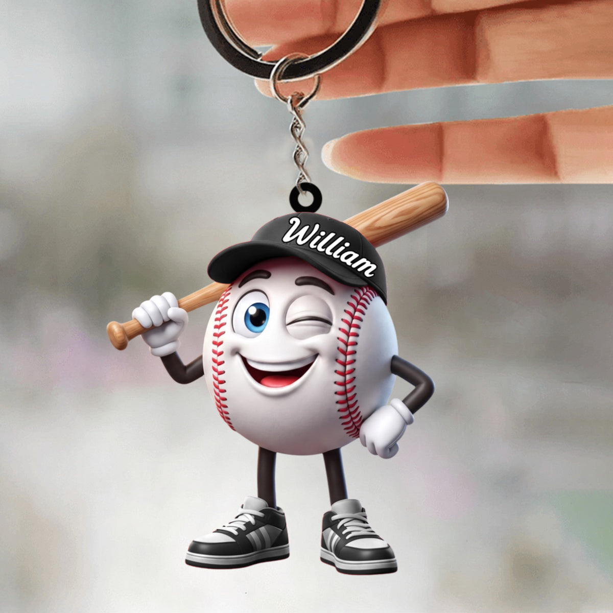 Playful Wink Baseball Softball Player Keychain - Personalized Cute Mascot Keychain