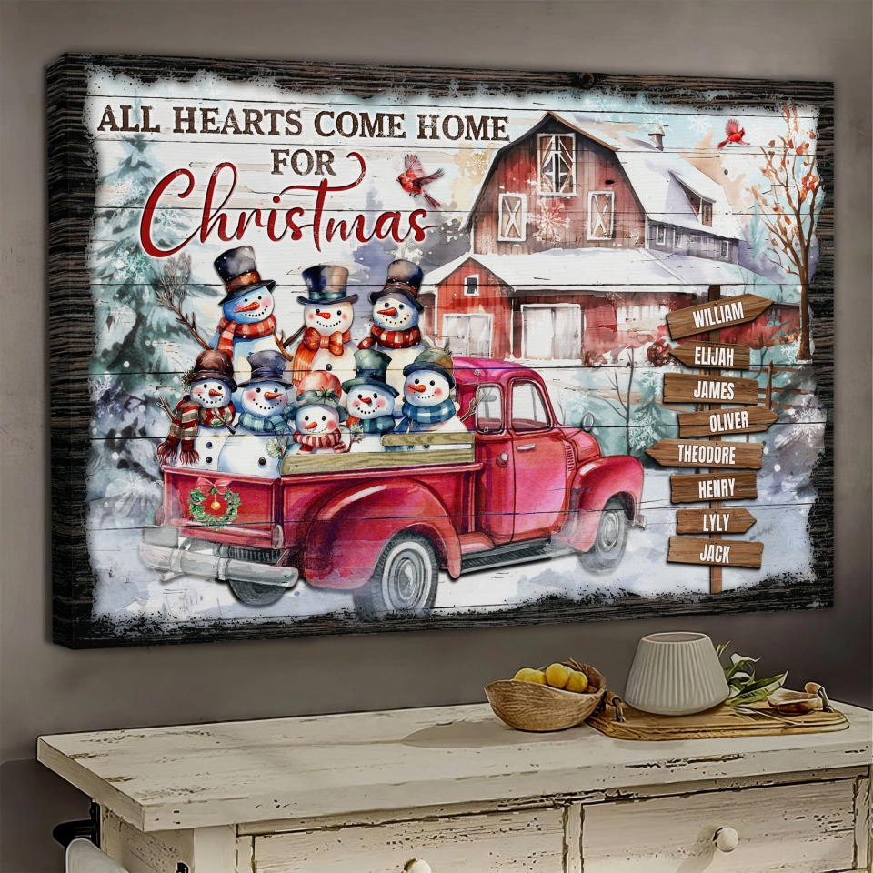 Personalized Canvas Prints - Christmas Barn With Snowmen, All Heart Come Home Dem Canvas