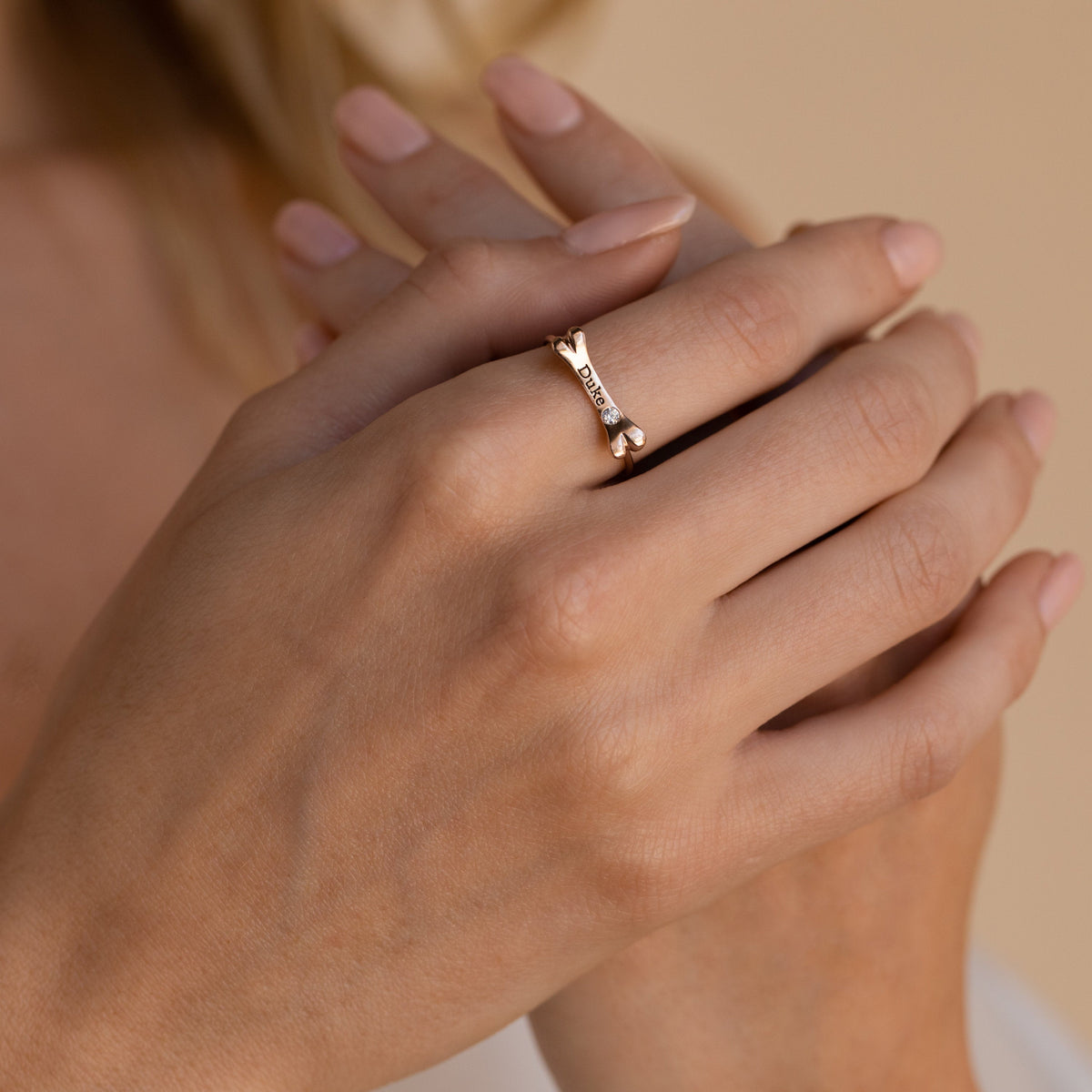 Personalized Dog Bone Charm Ring Pet Name Memorial Ring with Dainty Gemstone