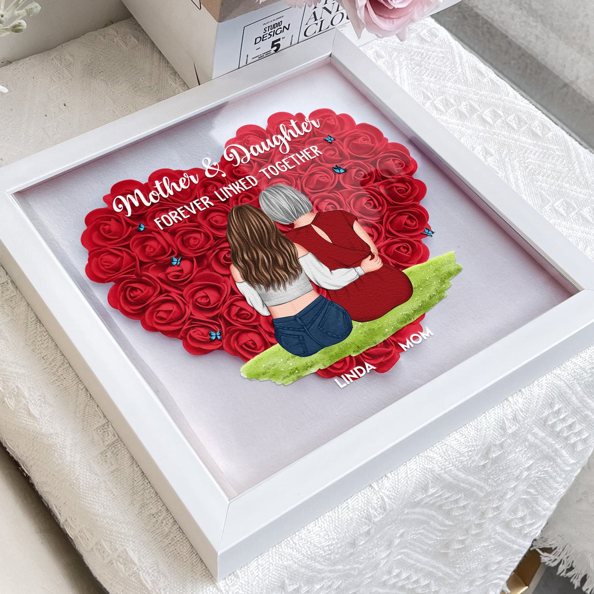 Forever Linked Together - Personalized Flower Shadow Box Gift For Mother & Daughter