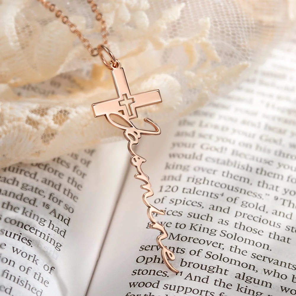 Personalized Cross Pendant Necklace with Name Crucifix Jewelry Christening Baptism First Communion Gift for Her