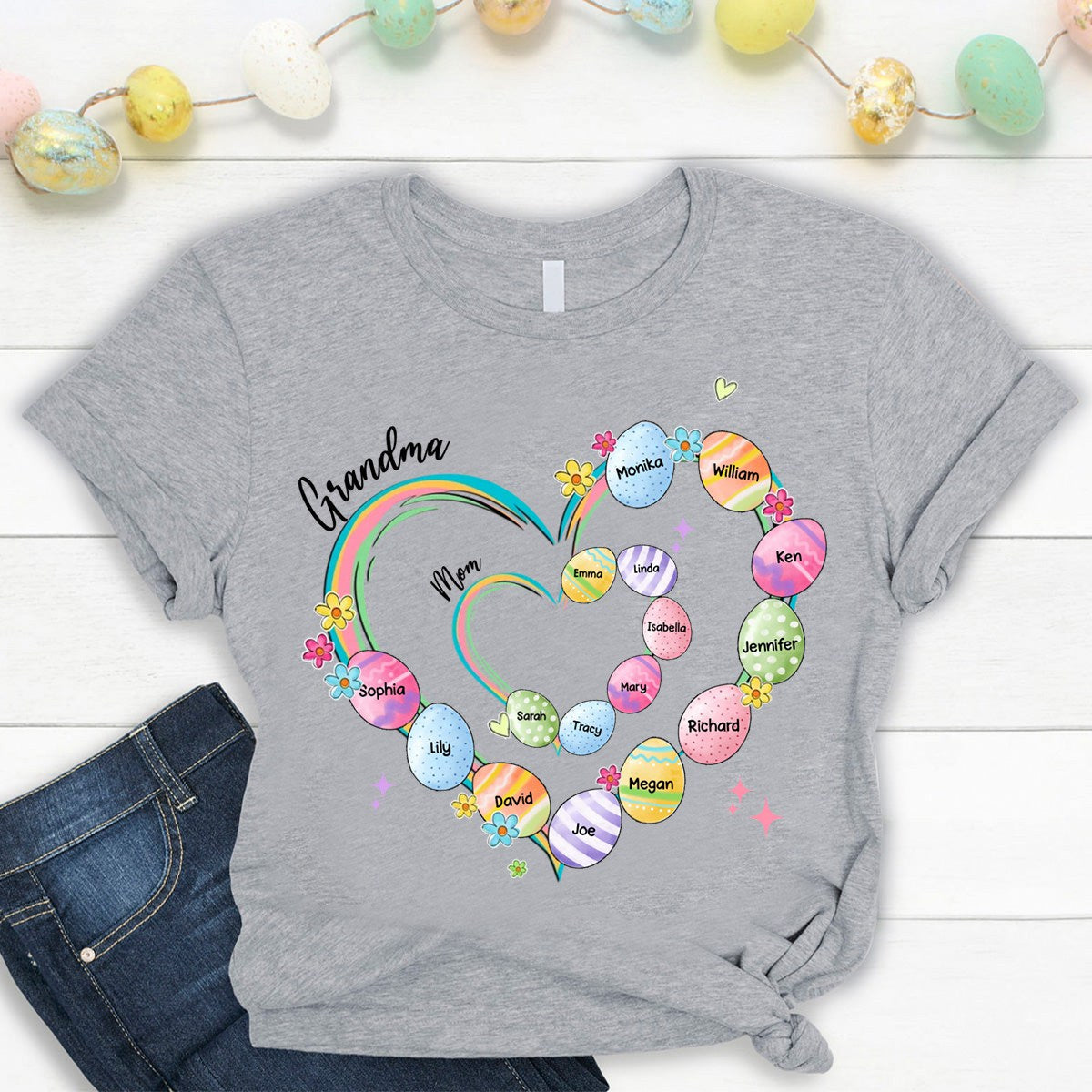 Heart Grandkid Name Easter Day - Personalized Pure Cotton T-Shirt Gift For Grandma Mom