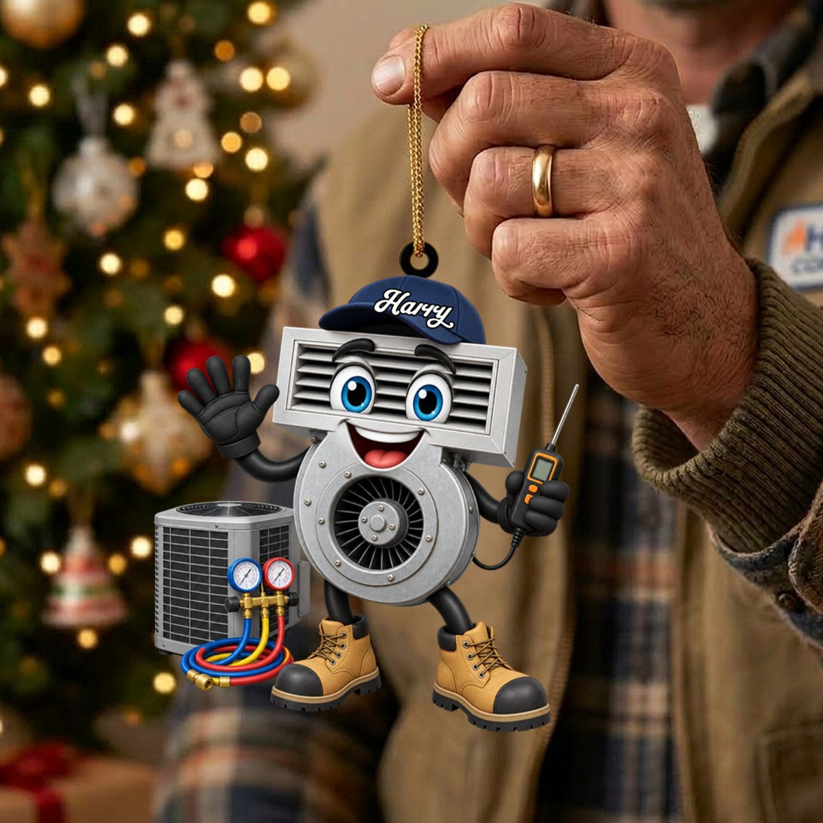Friendly HVAC Air Vent Blower Mascot Waving Hand Ornament – Personalized Heating & Cooling Tech Gift