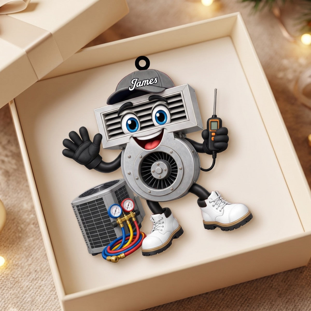 Friendly HVAC Air Vent Blower Mascot Waving Hand Ornament – Personalized Heating & Cooling Tech Gift