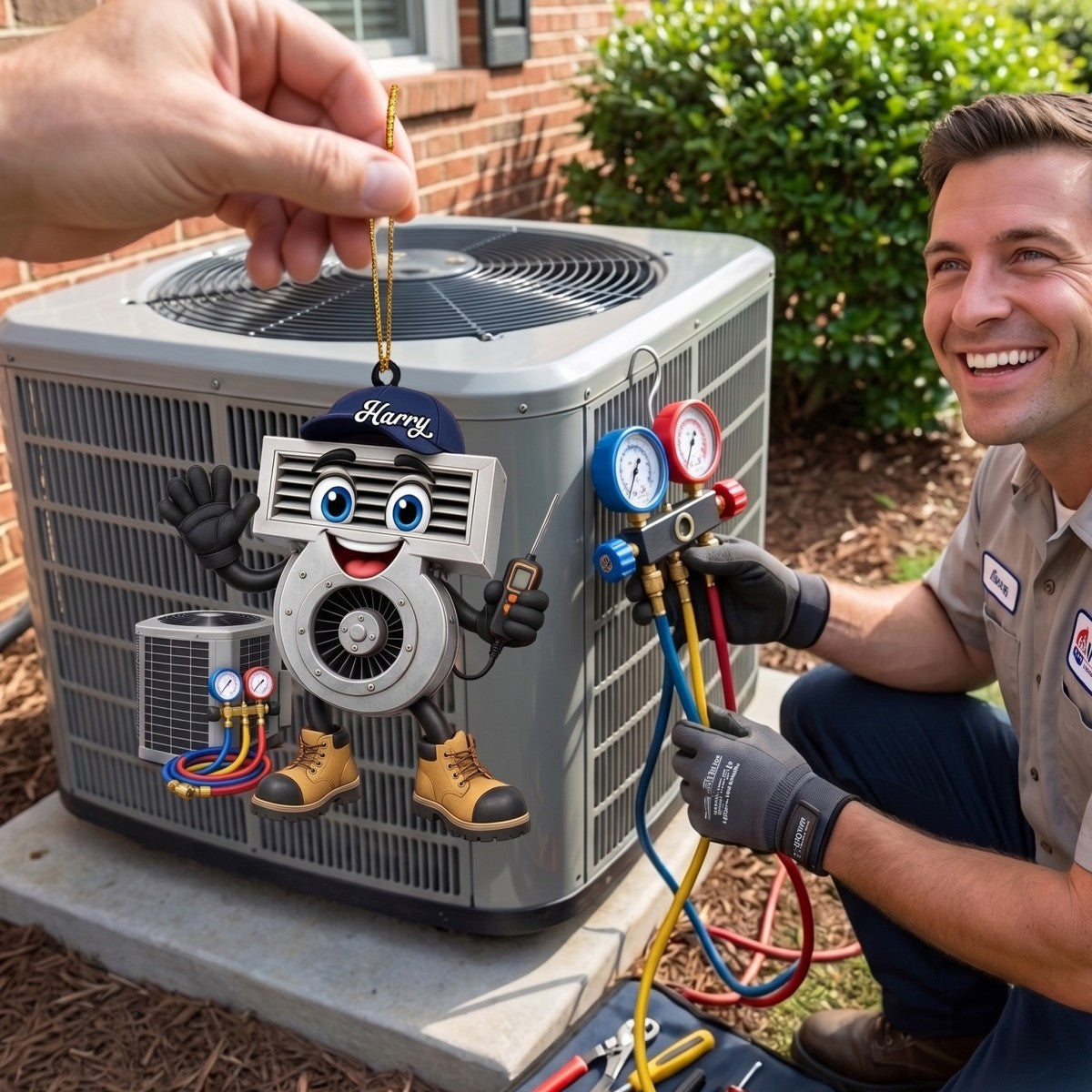Friendly HVAC Air Vent Blower Mascot Waving Hand Ornament – Personalized Heating & Cooling Tech Gift