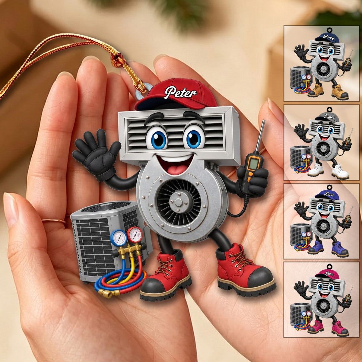Friendly HVAC Air Vent Blower Mascot Waving Hand Ornament – Personalized Heating & Cooling Tech Gift