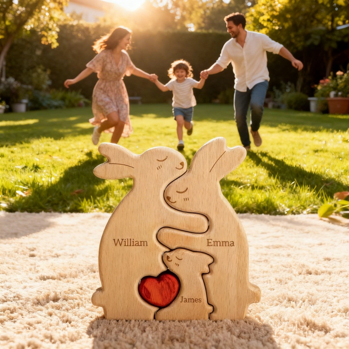 Wooden Rabbit Family Puzzle With Heart - Personalized Puzzle for Family