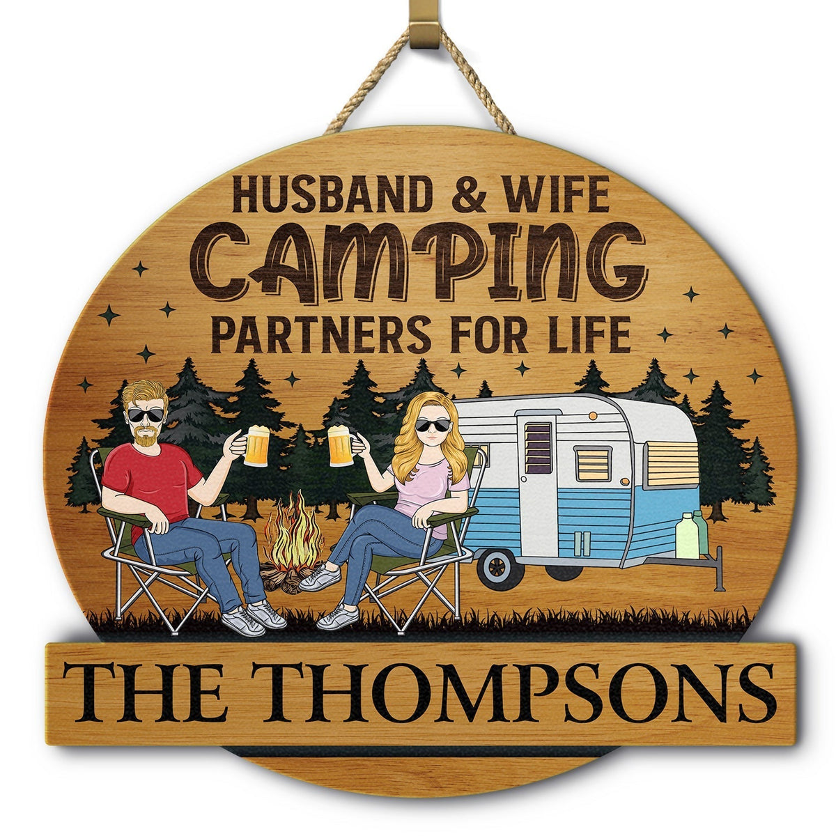 Camping Couple Husband & Wife Camping Partners For Life - Personalized Wood Sign