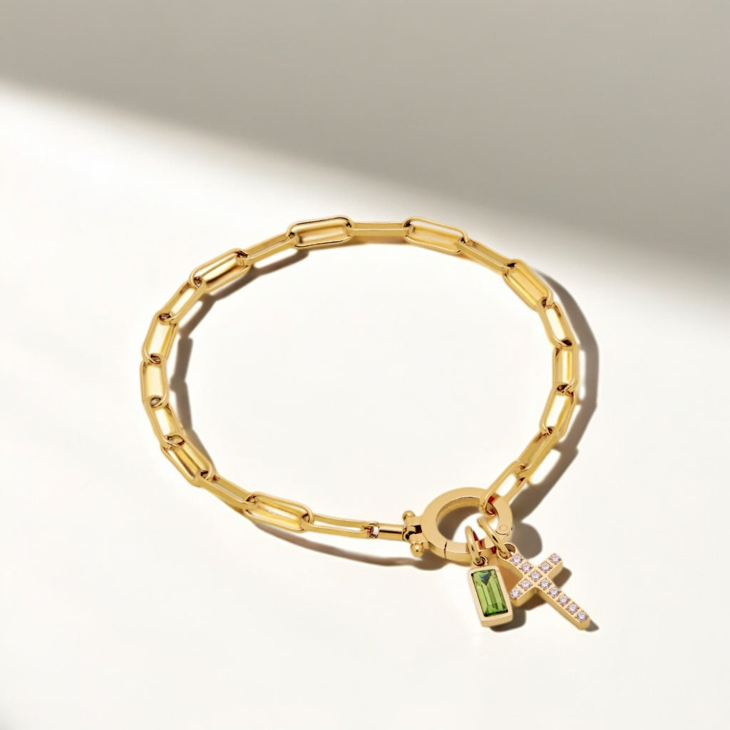 PERSONALIZED BIRTHSTONE PAPERCLIP CROSS CHARM BRACELET