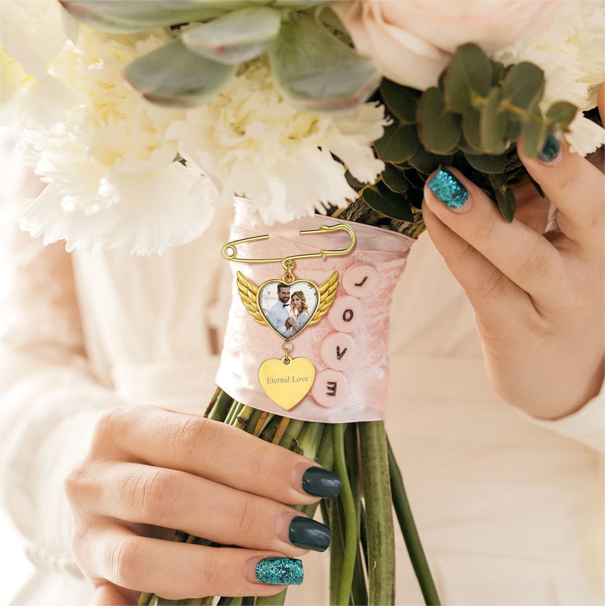 Personalized Angel Wing Wedding Bouquet Heart Picture Charms Brooch Pins