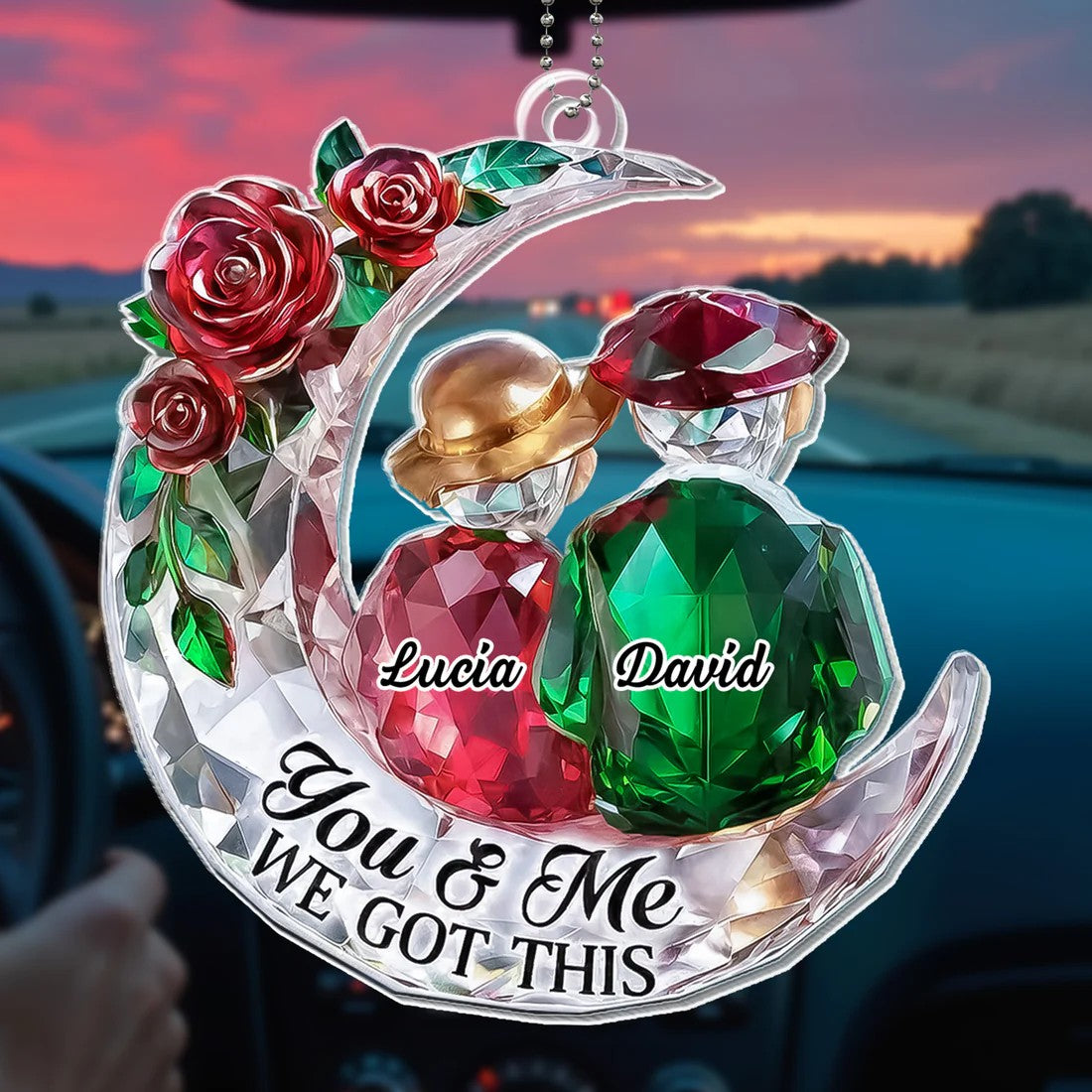 Couple On The Moon With Roses - Personalized Ornament