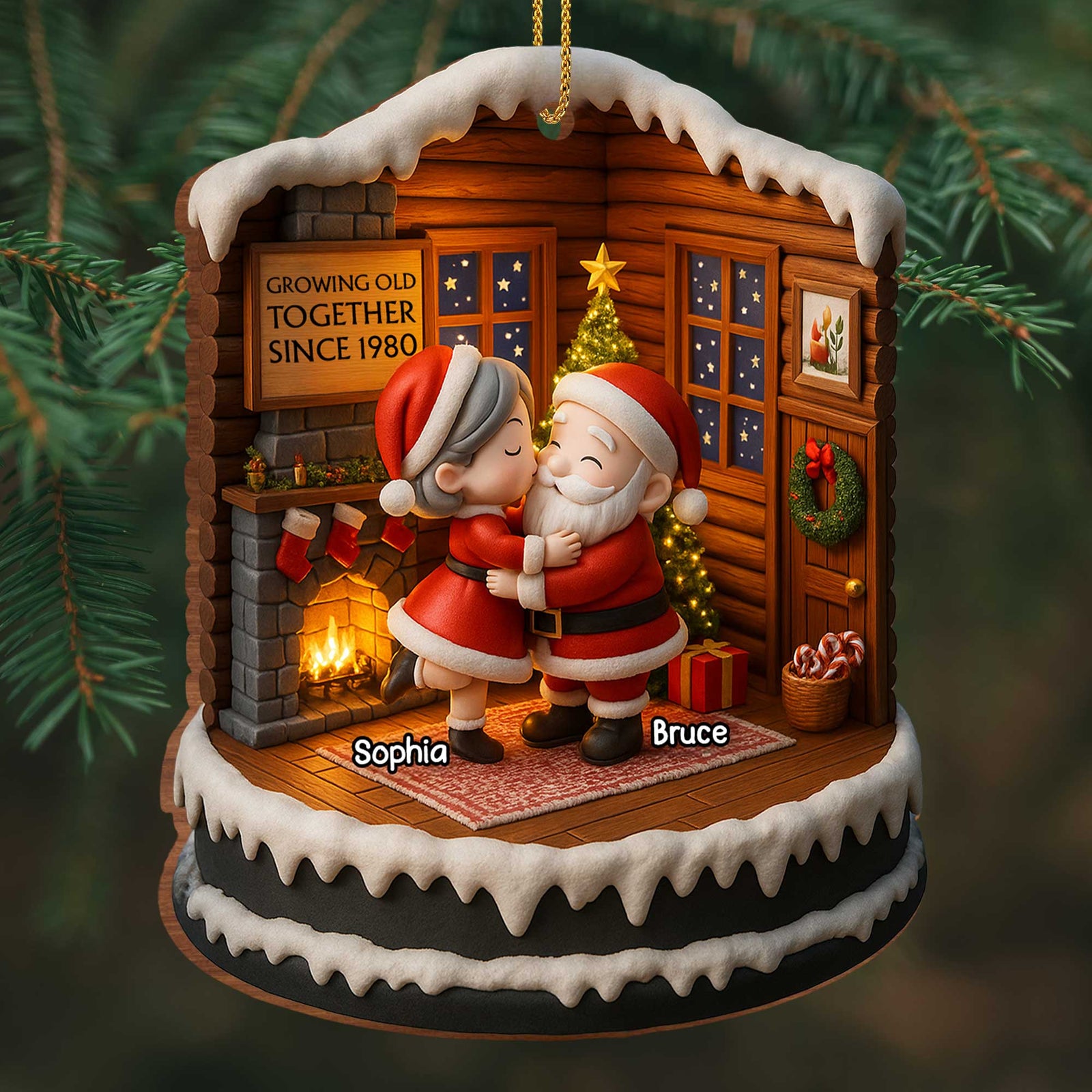 Growing Old Together Since, Personalized Custom Wood Ornament, Santa Claus And Christmas Tree