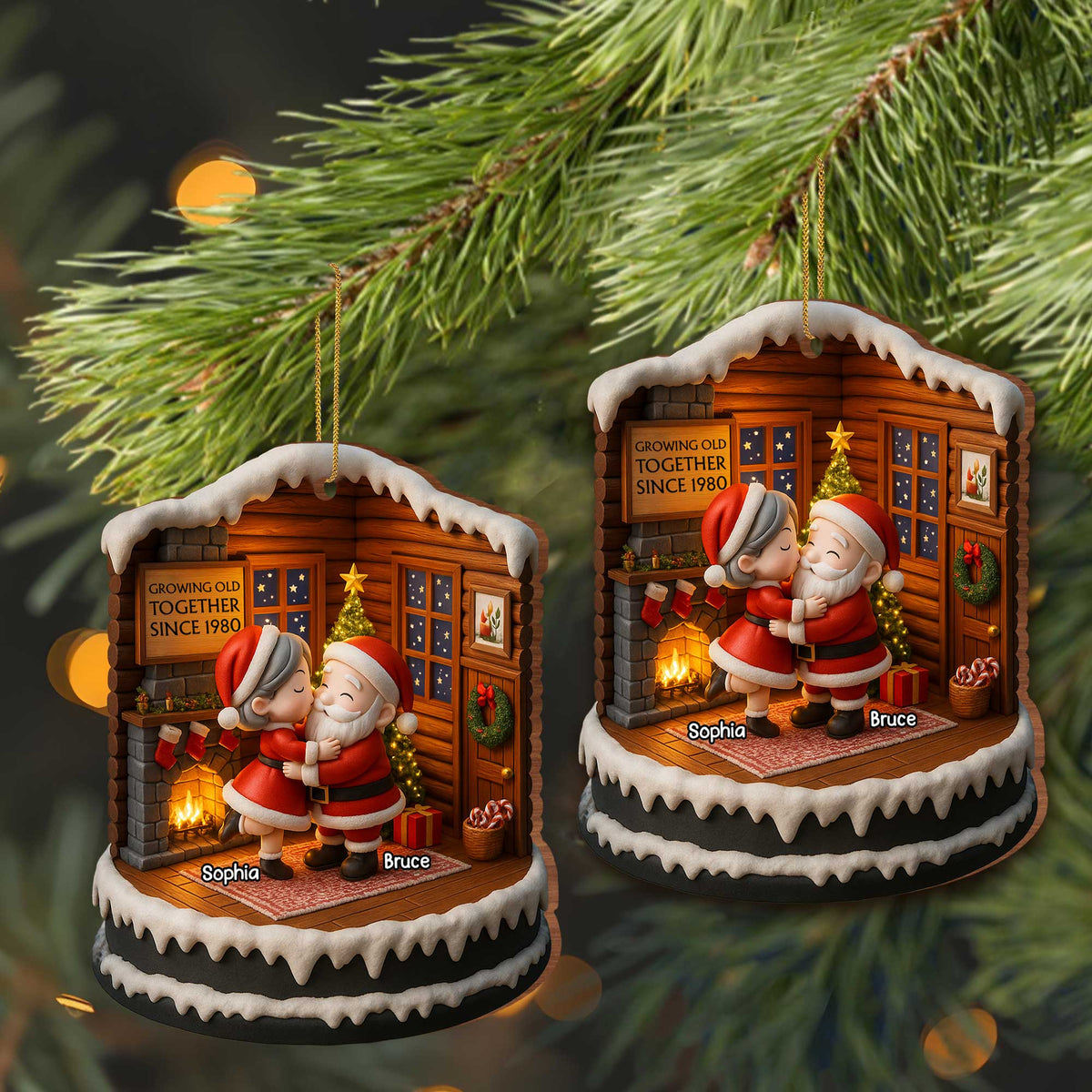 Growing Old Together Since, Personalized Custom Wood Ornament, Santa Claus And Christmas Tree