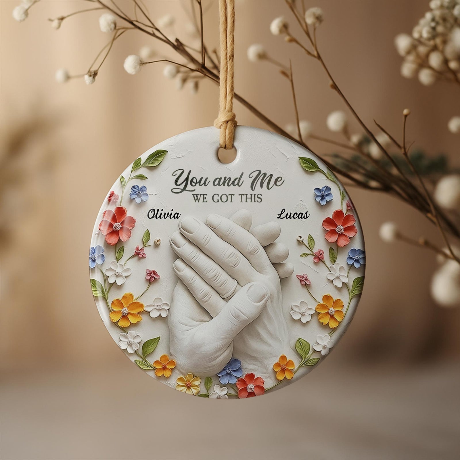 Clasped Hands And Flowers, Personalized Ceramic Ornament, Gift For Couples And Partners