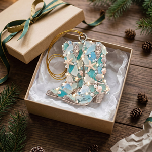 Personalized Coastal Cowgirl Boots Ornament - Custom Name Sea Glass & Seashell Western Keepsake Christmas Gift