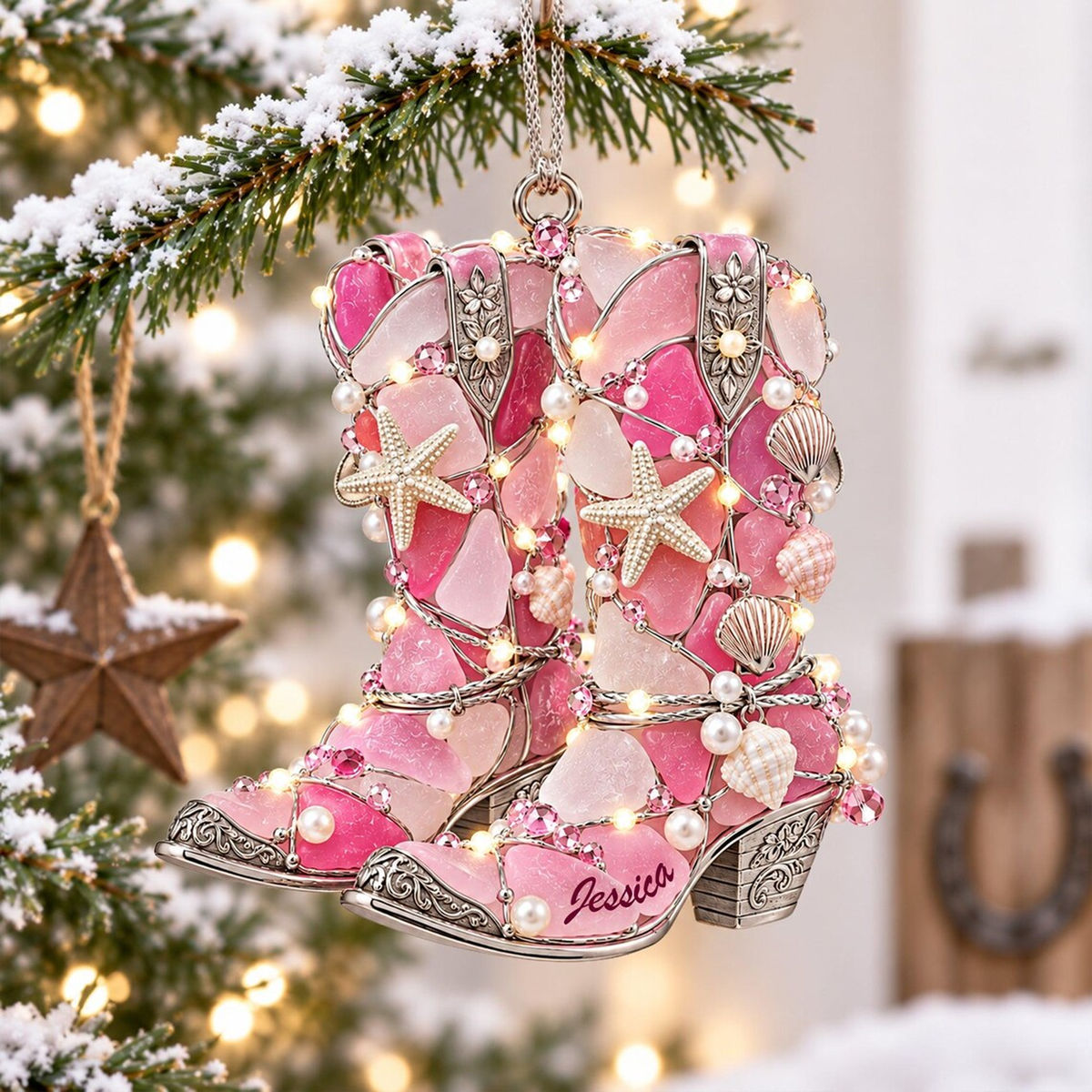 Personalized Coastal Cowgirl Boots Ornament - Custom Name Sea Glass & Seashell Western Keepsake Christmas Gift