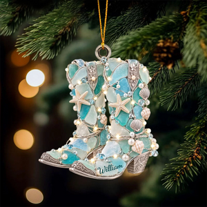 Personalized Coastal Cowgirl Boots Ornament - Custom Name Sea Glass & Seashell Western Keepsake Christmas Gift