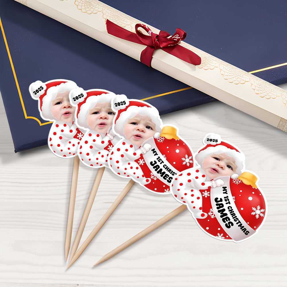 Custom Baby Photo My 1st Christmas Decoration Personalized Cupcake Toppers