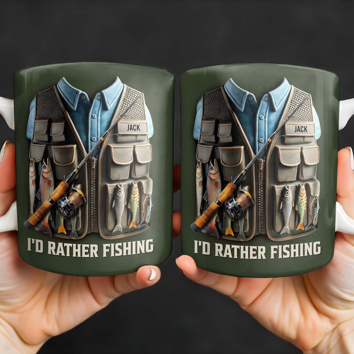 I'd Rather Be Fishing, Fishing Gear and Fish Design, Personalized Coffee Mug, Gift For Fishing Enthusiasts