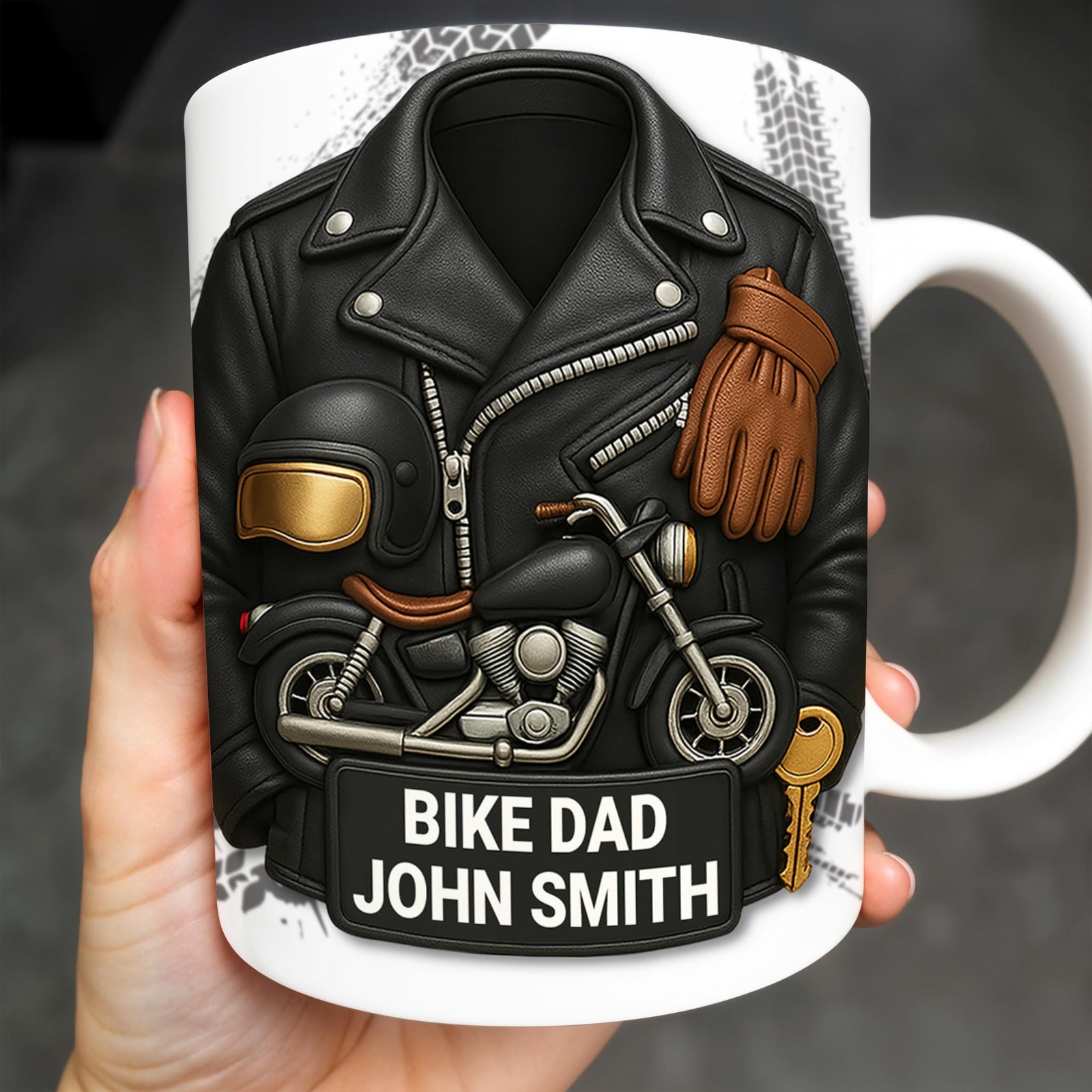 Bike Dad, Motorcycle and Leather Jacket, Personalized Coffee Mug, Gift For Dads and Bikers
